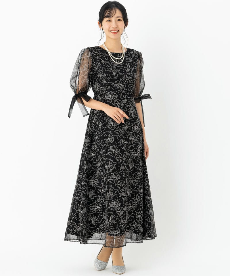 Leja 【A】レジャ チェックスパンコールリボンワンピースドレス グレー