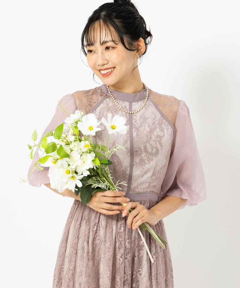 Select Shop 総レースハイネックバルーンスリーブドレス ブラック系