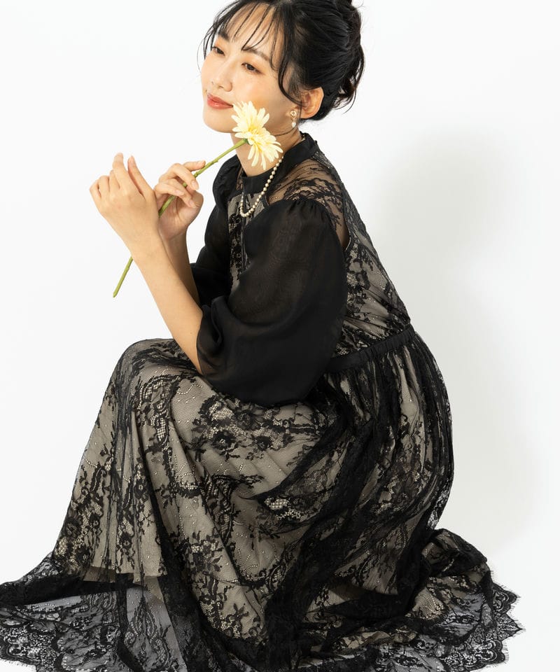 Select Shop 総レースハイネックバルーンスリーブドレス ブラック系