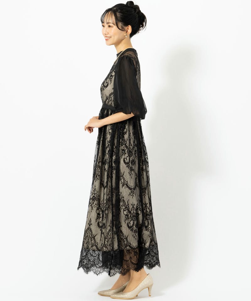 Select Shop 総レースハイネックバルーンスリーブドレス ブラック系