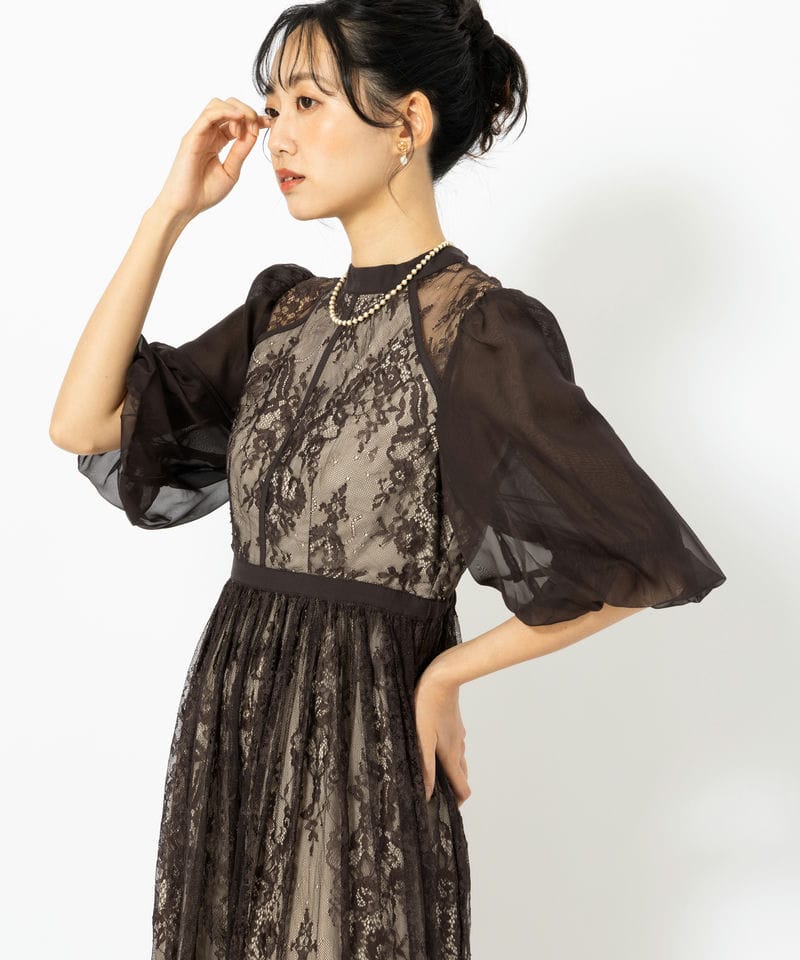 Select Shop 総レースハイネックバルーンスリーブドレス ブラック系