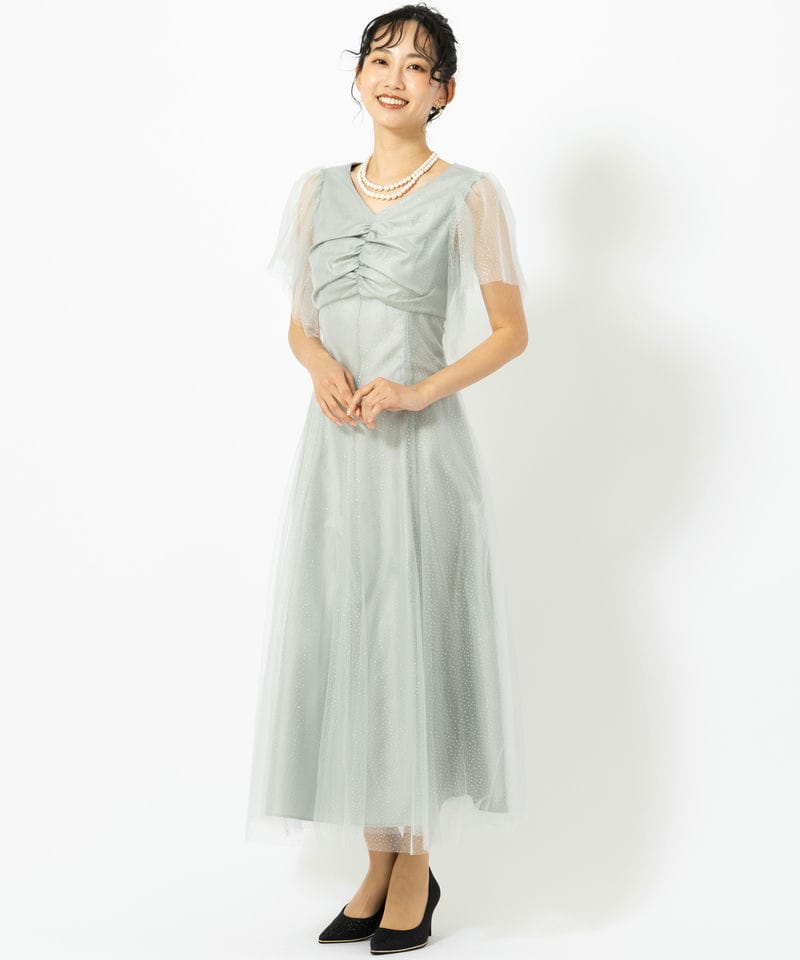 Aimer グリッターチュールフロントギャザーレースアップドレス ライトグリーン Aimer エメ グリッターチュールフロントギャザーレースアップドレス