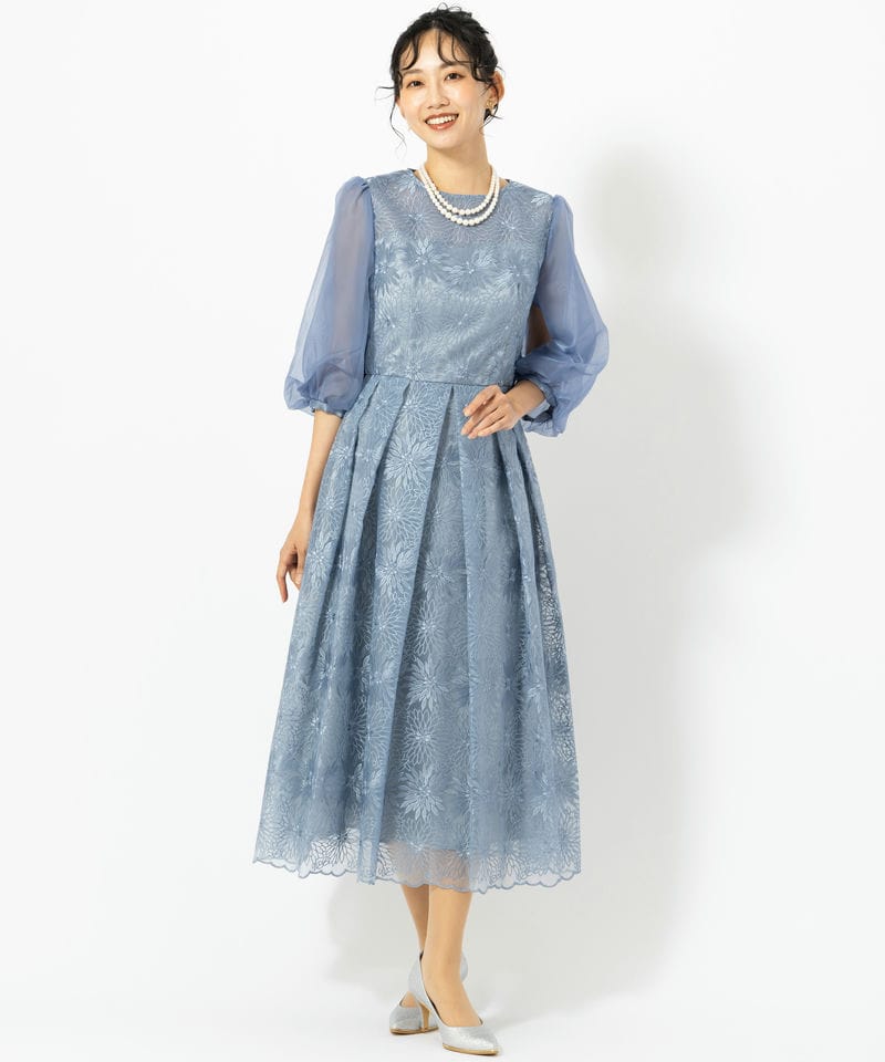 Aimer エメ フラワー 刺繍 ドレス ワンピース M ブルーグレー 試着チケット対象】ミストチュール フラワーモチーフラメ刺繍