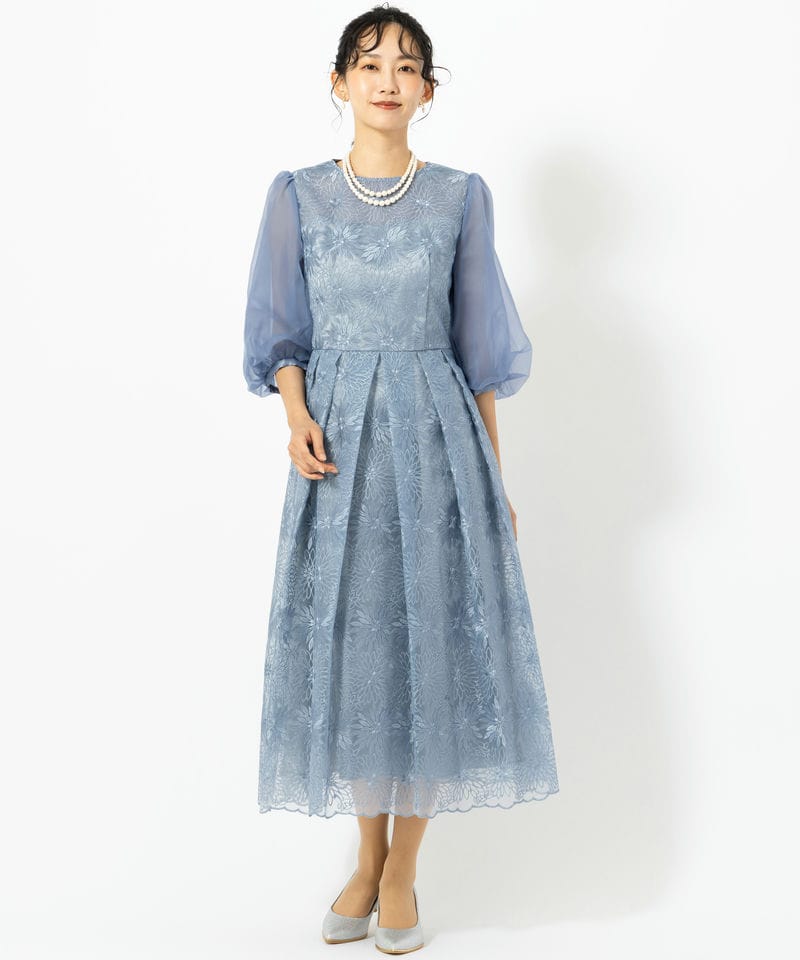 Aimer エメ フラワー 刺繍 ドレス ワンピース M ブルーグレー Aimer エメ オーガンジー花柄刺繍ボリュームスリーブドレス ブルー系