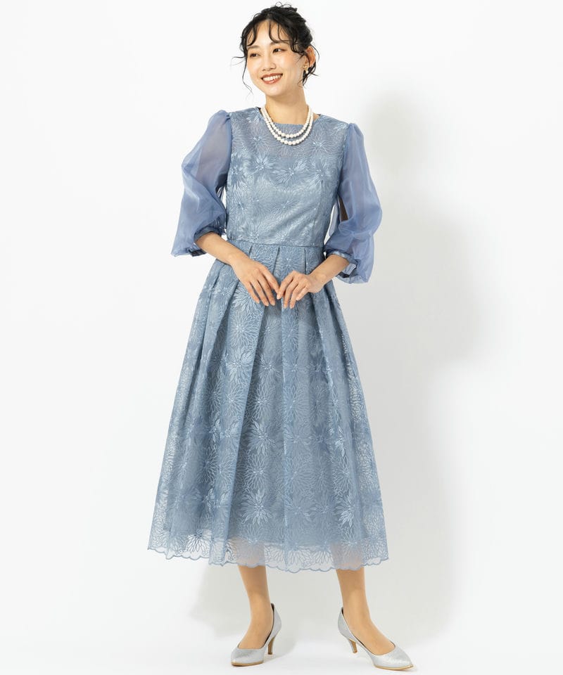 Aimer エメ オーガンジー花柄刺繍ボリュームスリーブドレス ブルー系