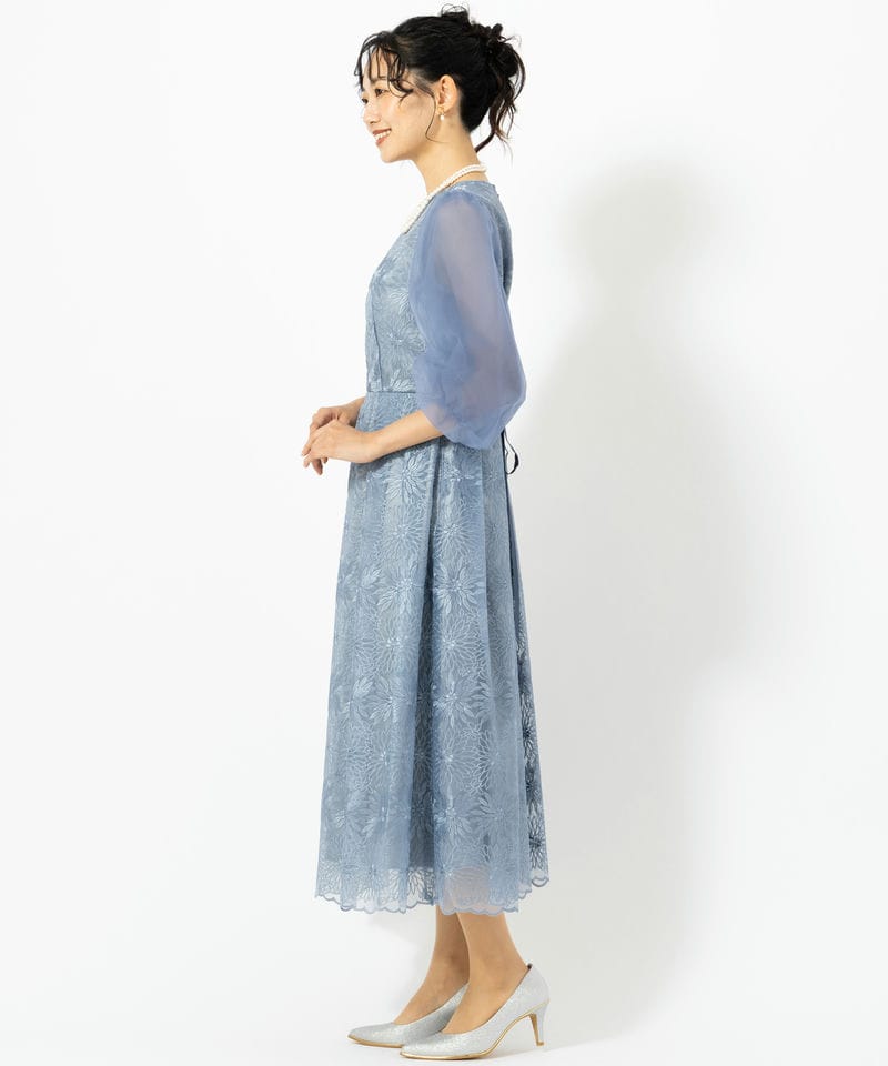Aimer エメ オーガンジー花柄刺繍ボリュームスリーブドレス ブルー系