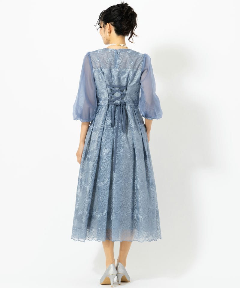 Aimer エメ オーガンジー花柄刺繍ボリュームスリーブドレス ブルー系
