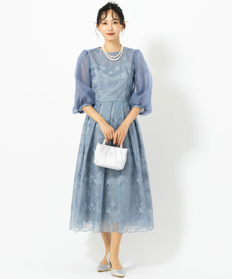 Aimer エメ オーガンジー花柄刺繍ボリュームスリーブドレス ブルー系