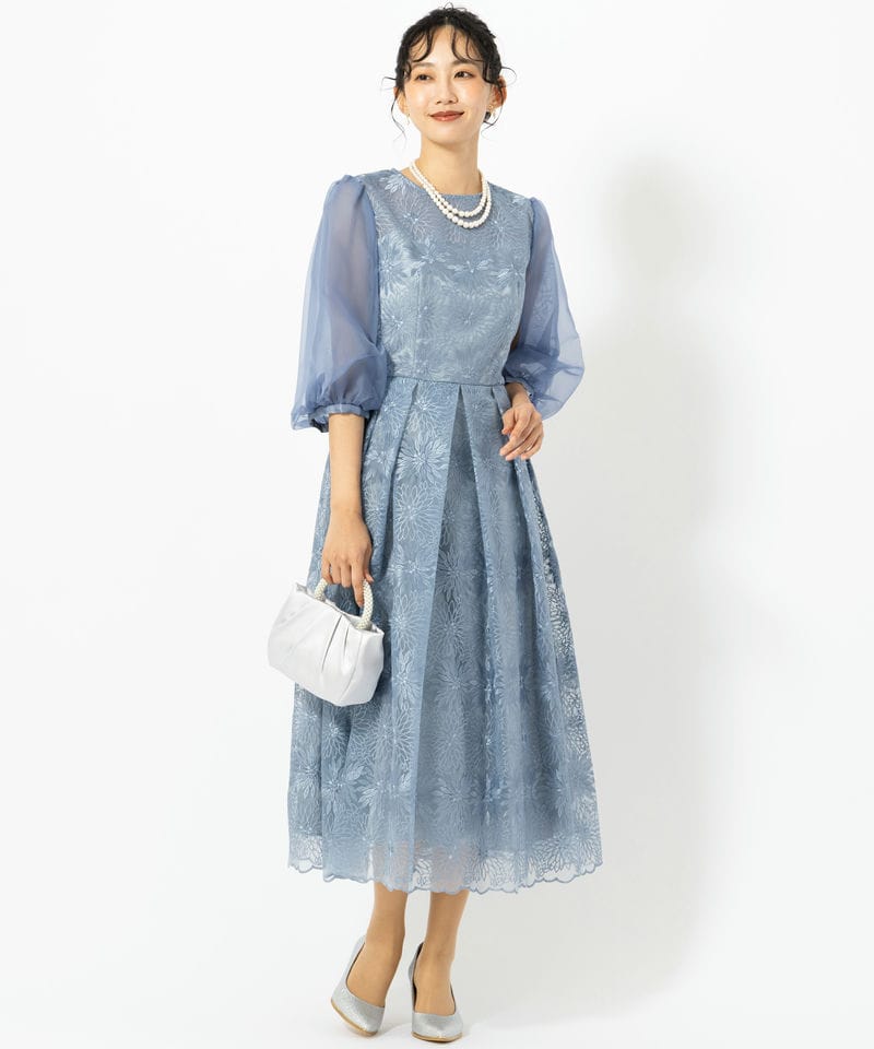 Aimer エメ オーガンジー花柄刺繍ボリュームスリーブドレス ブルー系