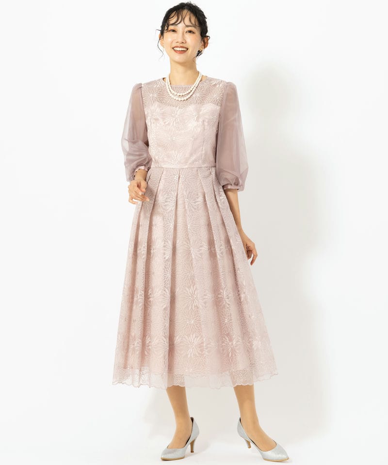 Aimer エメ オーガンジー花柄刺繍ボリュームスリーブドレス ピンク系