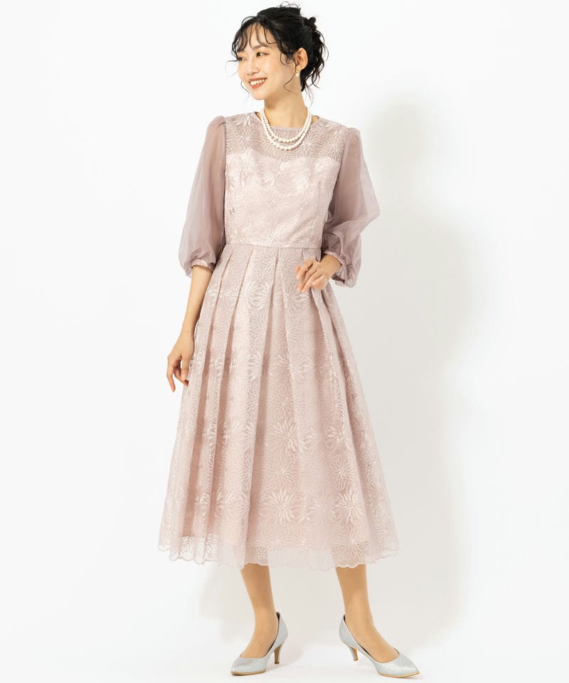 Aimer エメ オーガンジー花柄刺繍ボリュームスリーブドレス ピンク系