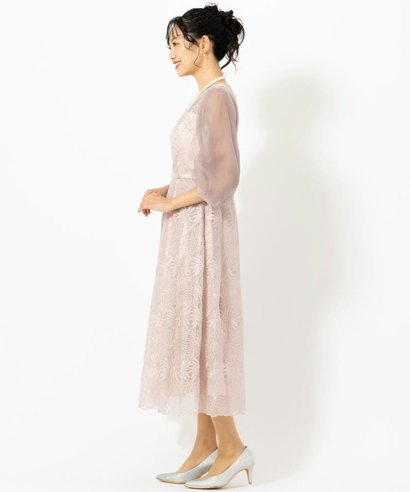 Aimer エメ オーガンジー花柄刺繍ボリュームスリーブドレス ピンク系