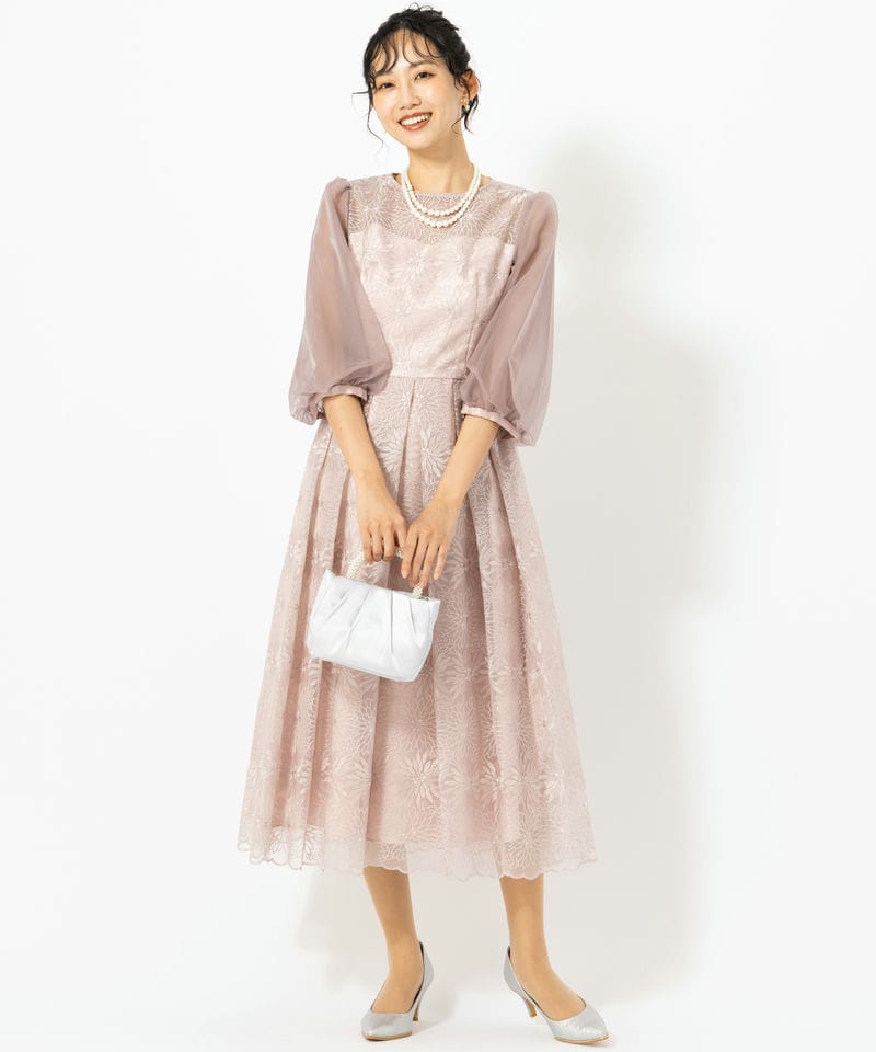 Aimer エメ オーガンジー花柄刺繍ボリュームスリーブドレス ピンク系
