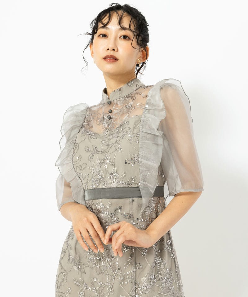 Leja レジャ フラワーレースシアーフリルマーメイドドレス ブルー系