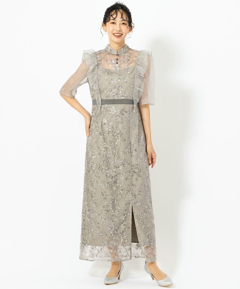 Leja レジャ フラワースパンコールシアーフリルIラインドレス グレー系