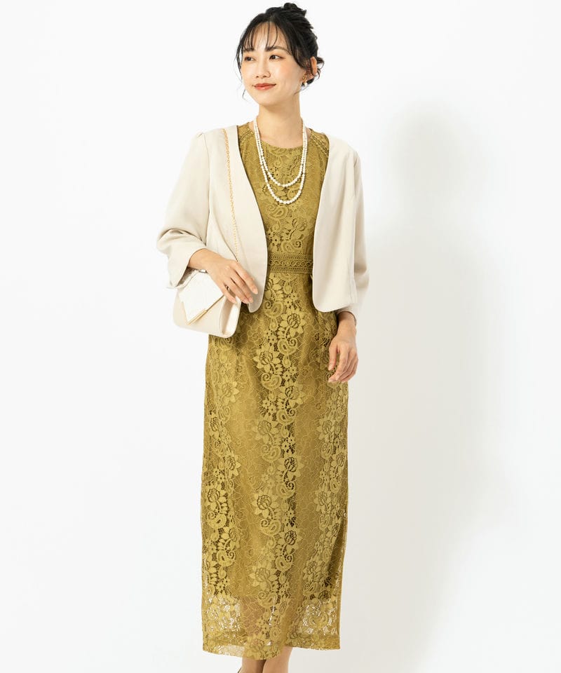 etoll. エトル ドロップウエストスリーブレースドレス グリーン系