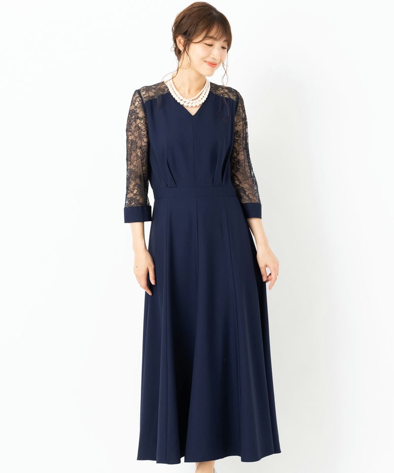 Aimer 【マザーズドレス】フラワーレース袖マキシドレス ネイビー系