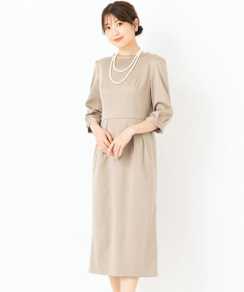 Aimer エメ スタンドカラーサテンタイトドレス グレー系 x ベージュ系