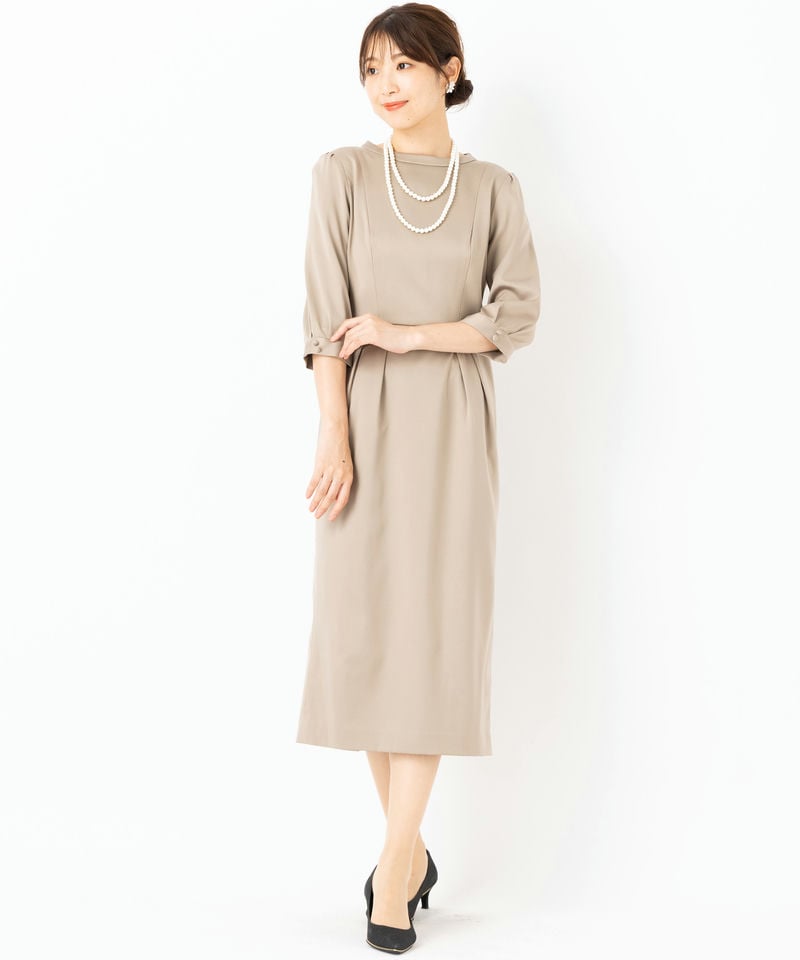 Aimer エメ スタンドカラーサテンタイトドレス グレー系 x ベージュ系