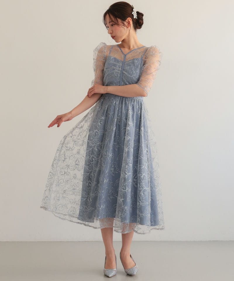 Select Shop シアーラインフラワー刺繍パフスリーブドレス ブルー系