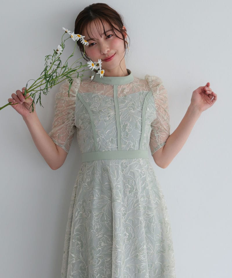 Select Shop 配色パイピングフラワー刺繍チュールドレス グリーン系