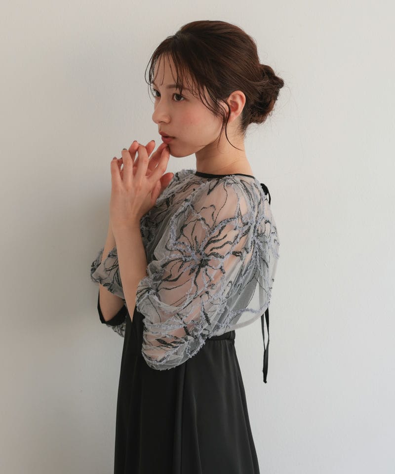 Aimer エメ フラワーモール刺繍キーネックブラウス×Iライン