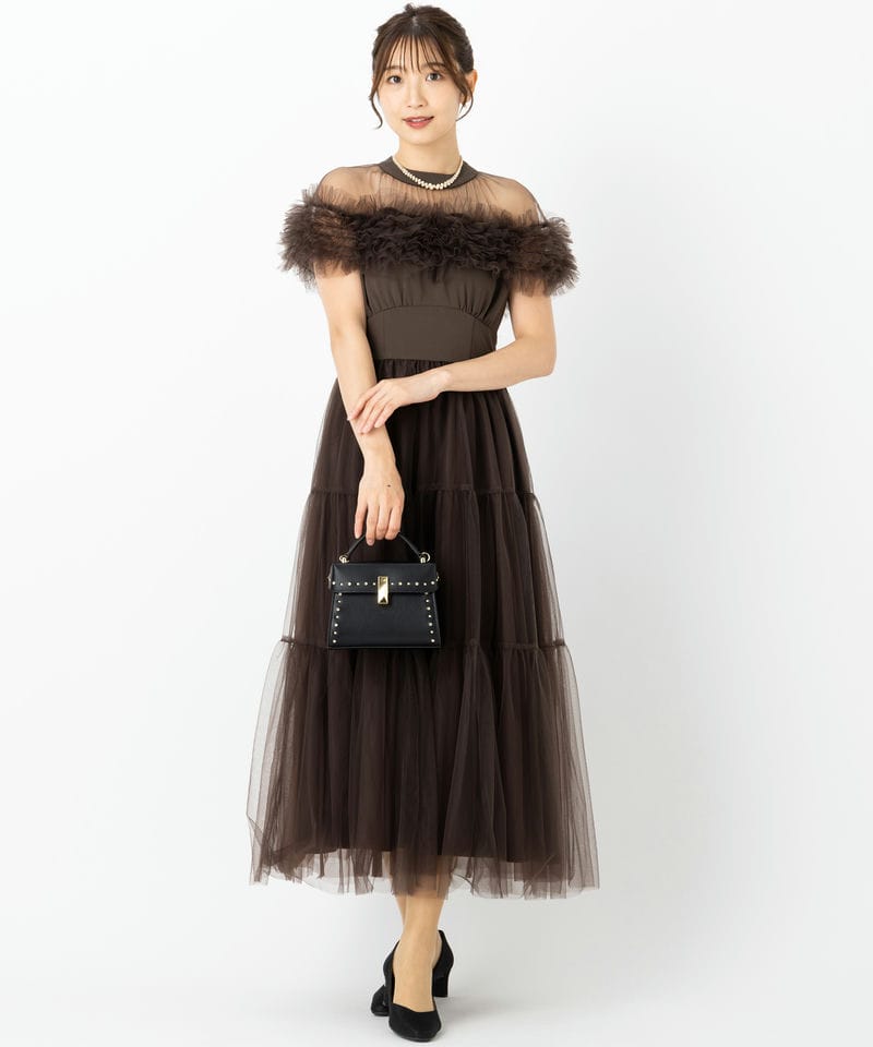 Noela ノエラ ケープチュールフリルドレス ブラウン系 | 結婚式