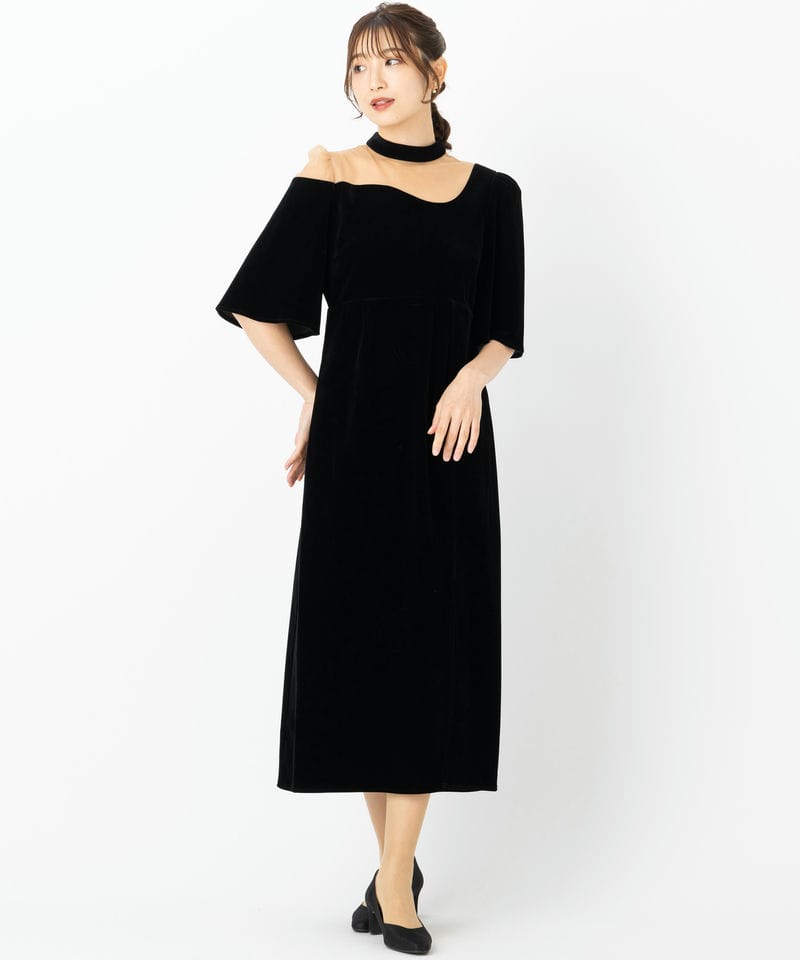 【新品】シアースパンコールベロアIラインワンピースドレス Leja レジャ ベロアスリットIラインドレス ブラック系 | 結婚式