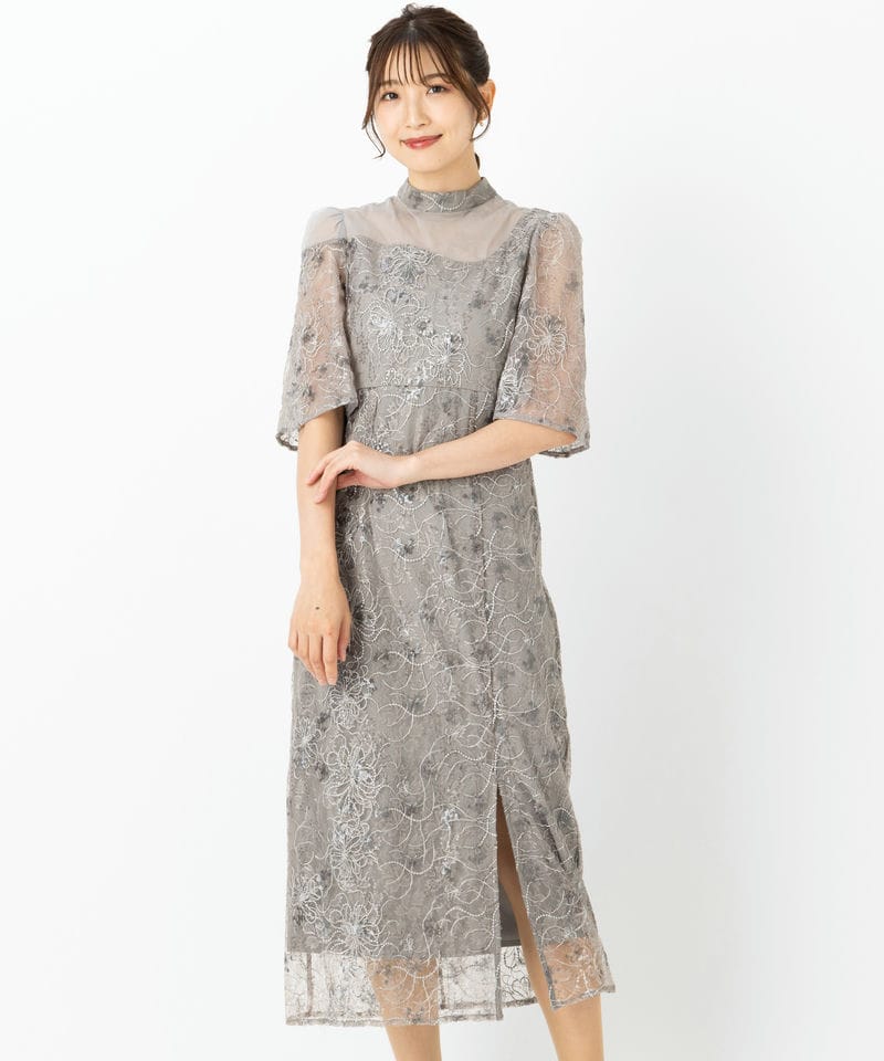 Leja レジャ 花柄刺繍スパンコールスリットIラインドレス グレー系