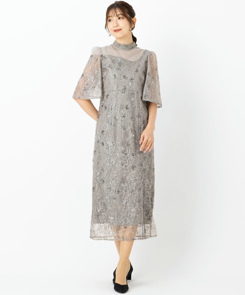 Leja レジャ 花柄刺繍スパンコールスリットIラインドレス グレー系
