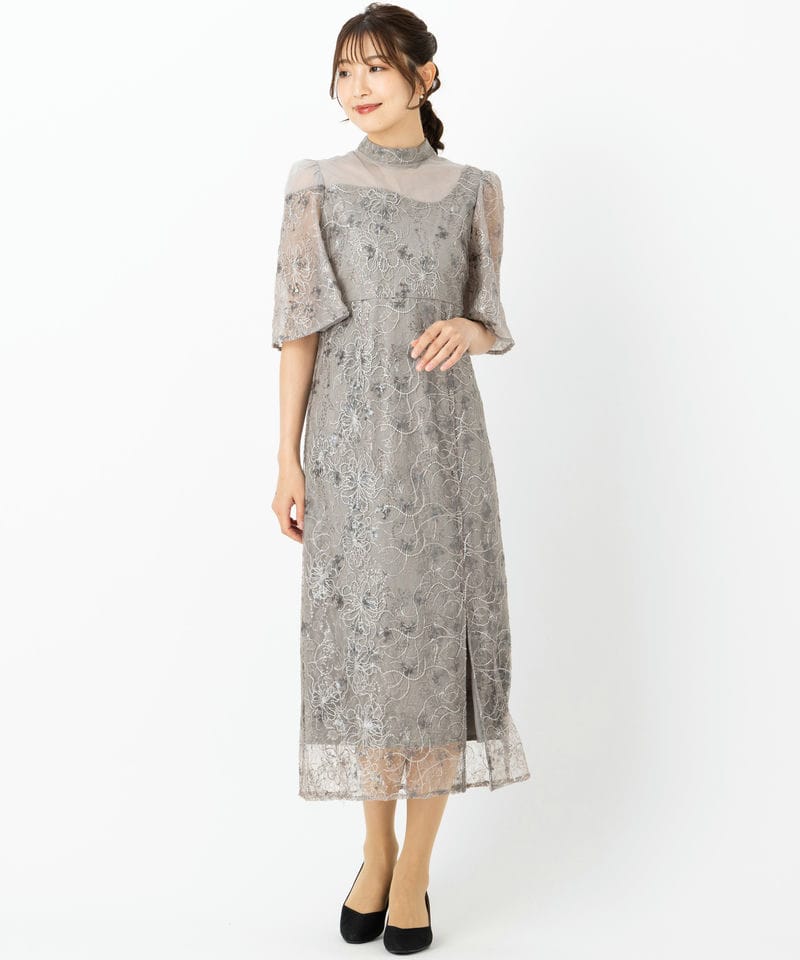 Leja レジャ 花柄刺繍スパンコールスリットIラインドレス グレー系