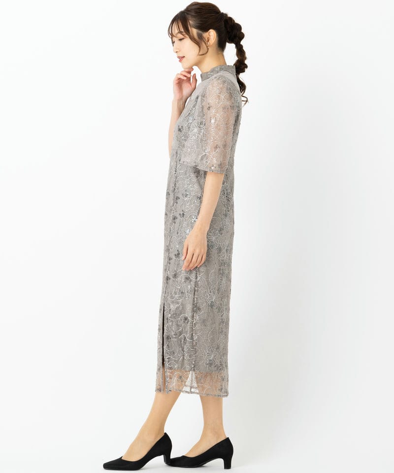 Leja レジャ 花柄刺繍スパンコールスリットIラインドレス グレー系