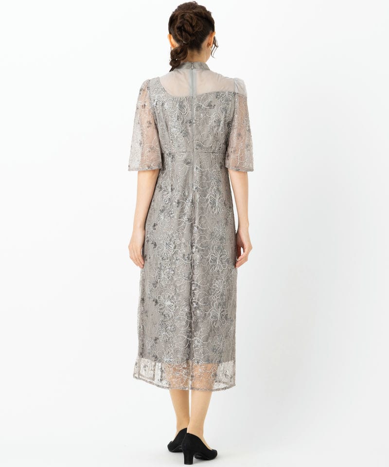 Leja レジャ 花柄刺繍スパンコールスリットIラインドレス グレー系