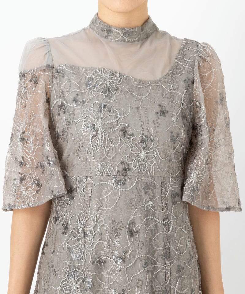 Leja レジャ 花柄刺繍スパンコールスリットIラインドレス グレー系