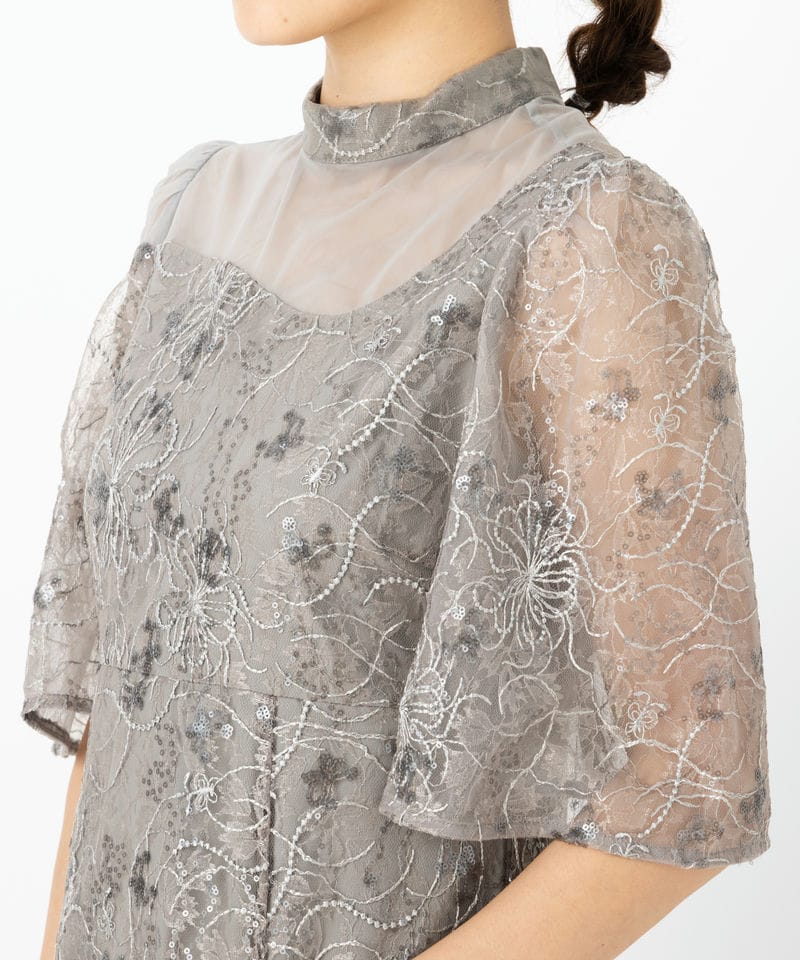 Leja レジャ 花柄刺繍スパンコールスリットIラインドレス グレー系