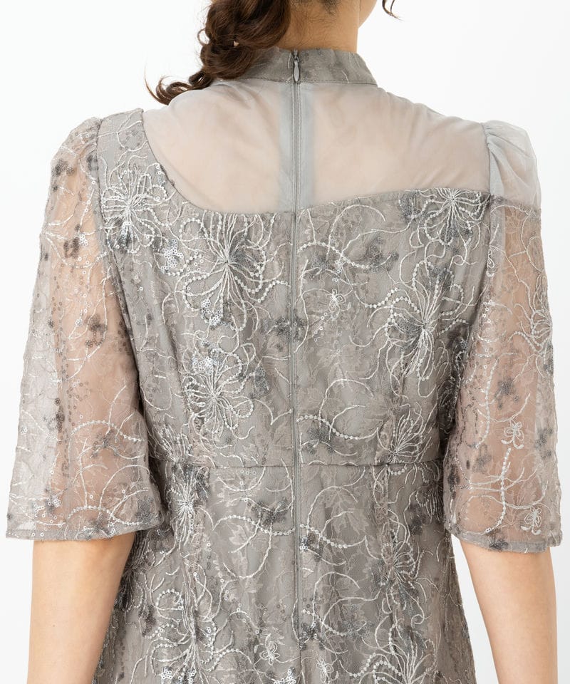 Leja レジャ 花柄刺繍スパンコールスリットIラインドレス グレー系