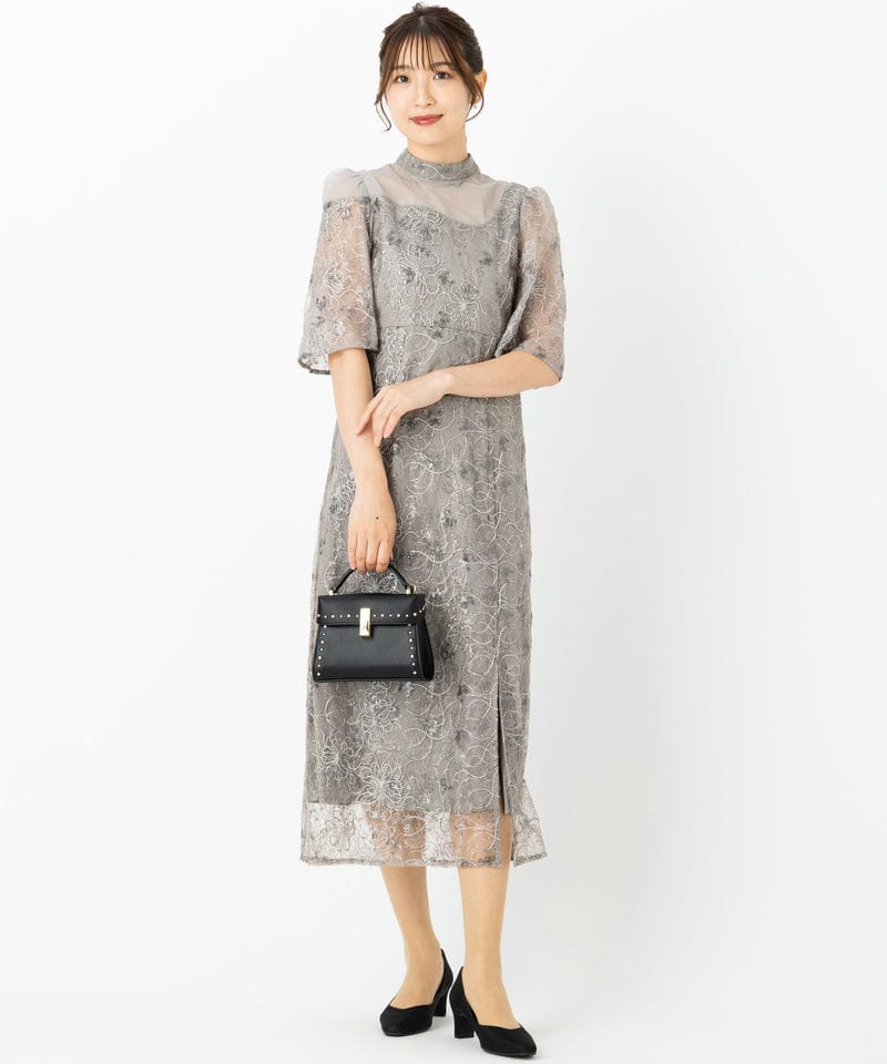 Leja レジャ 花柄刺繍スパンコールスリットIラインドレス グレー系