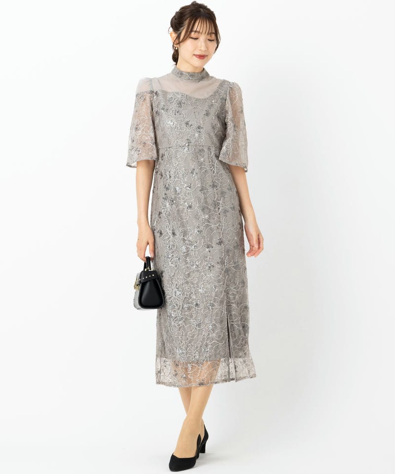 Leja レジャ 花柄刺繍スパンコールスリットIラインドレス グレー系