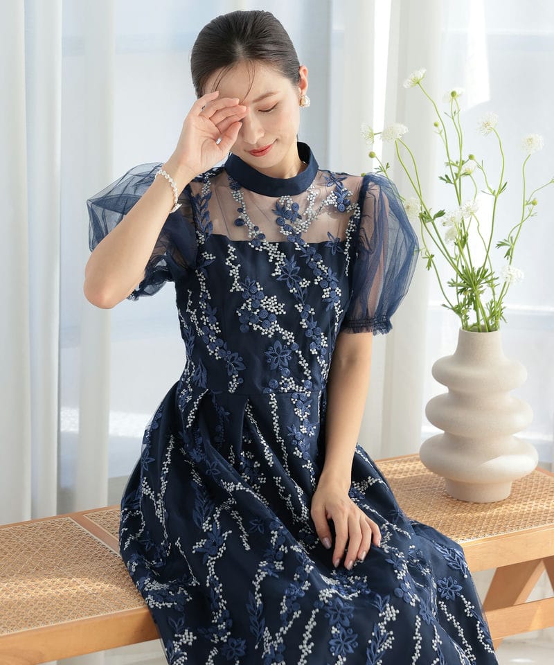 Select Shop エンブロイダリーパフスリーブドレス ネイビー系 | 結婚式