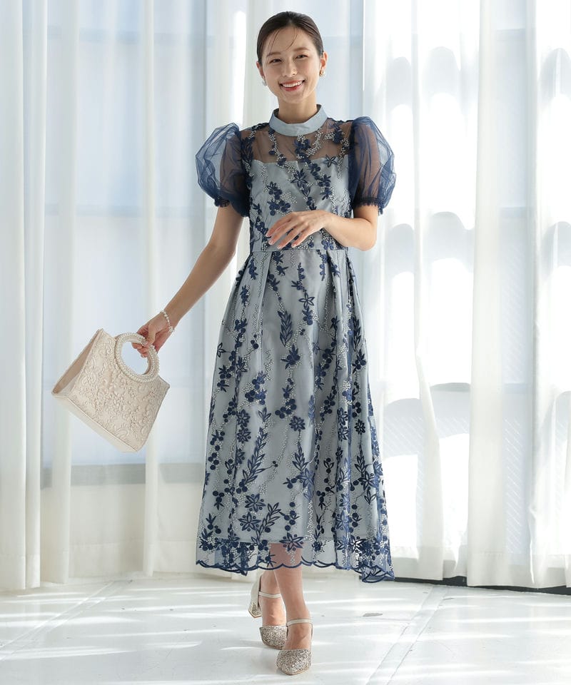Select Shop エンブロイダリーパフスリーブドレス ブルー系 | 結婚式