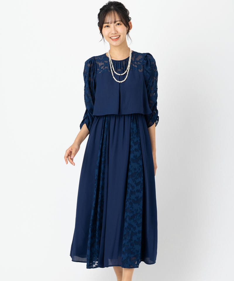 Aimer エメ リーフ柄ラメレース袖付きフレアドレス ネイビー系 | 結婚