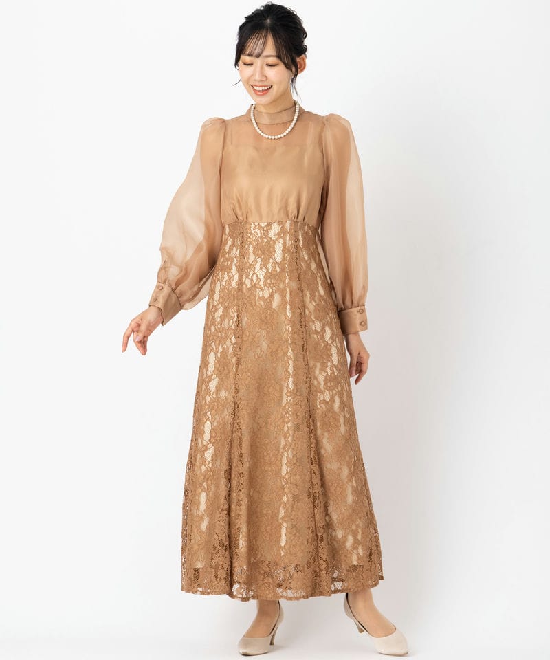 【タグ付未使用】コラム スリーブボリュームドレス マキシ丈 ベージュ M Aimer エメ オーガンジーボリュームスリーブマーメイドドレス その他 x