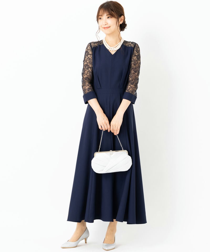 Aimer 【マザーズドレス】フラワーレース袖マキシドレス ネイビー系