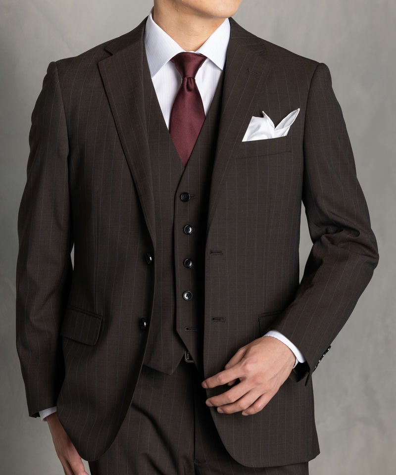 【美品】SUIT SELECT スリーピース　marzottoダークブラウン SLIM TAPERED_2】【秋冬】2釦シングルスリーピーススーツ 0タック