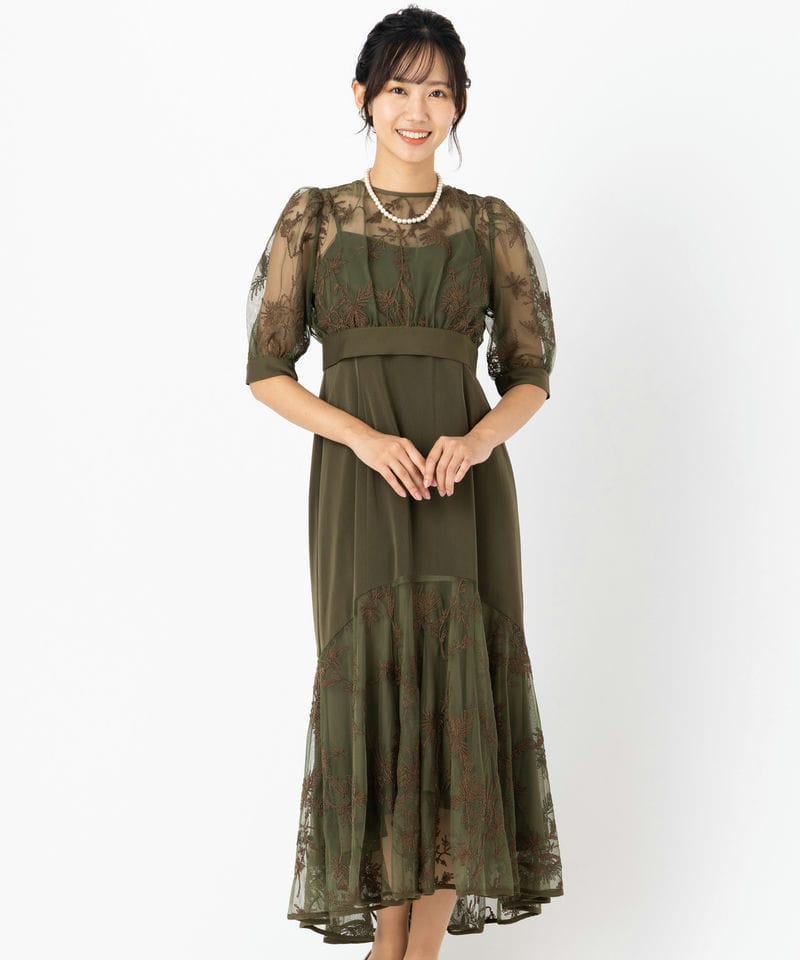 AMERI オリーブ ロングドレス レース装飾 Ameri VINTAGE アメリヴィンテージ レーストップセットファシ