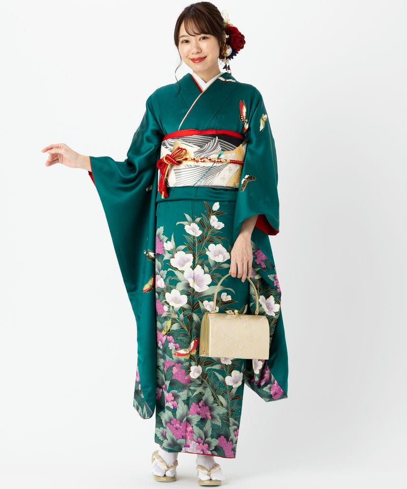 yellowです　　オレンジ色 蝶刺繍 夏着物希少　絽振袖 Select Shop 【振袖】紫陽花に蝶 その他 x グリーン系 | 結婚式