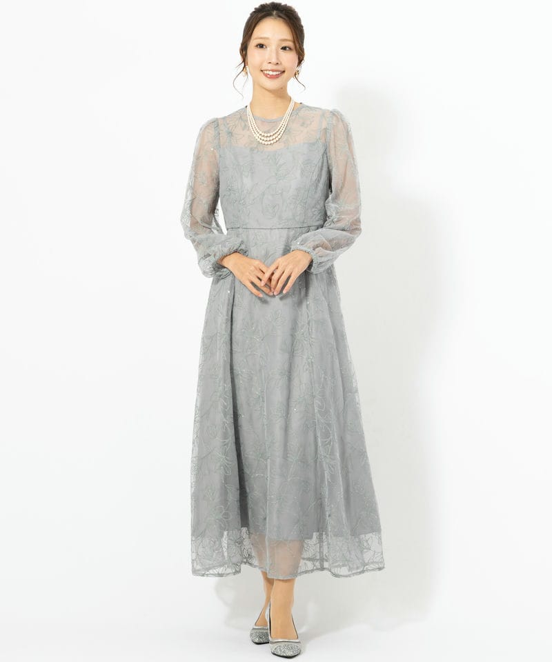 Aimer エメ スパンコールフラワー刺繍ロングスリーブドレス グリーン系