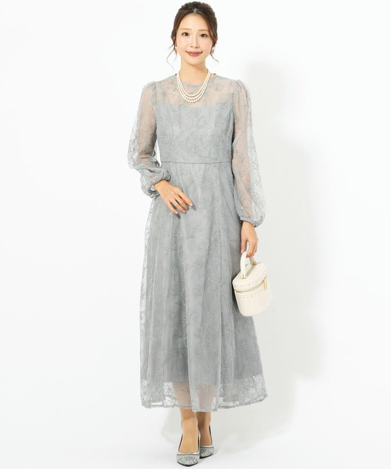 Aimer エメ スパンコールフラワー刺繍ロングスリーブドレス グリーン系