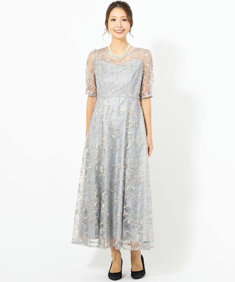 Aimer エメ ビオラモチーフスパンコール刺繍バックシャンドレス ブルー