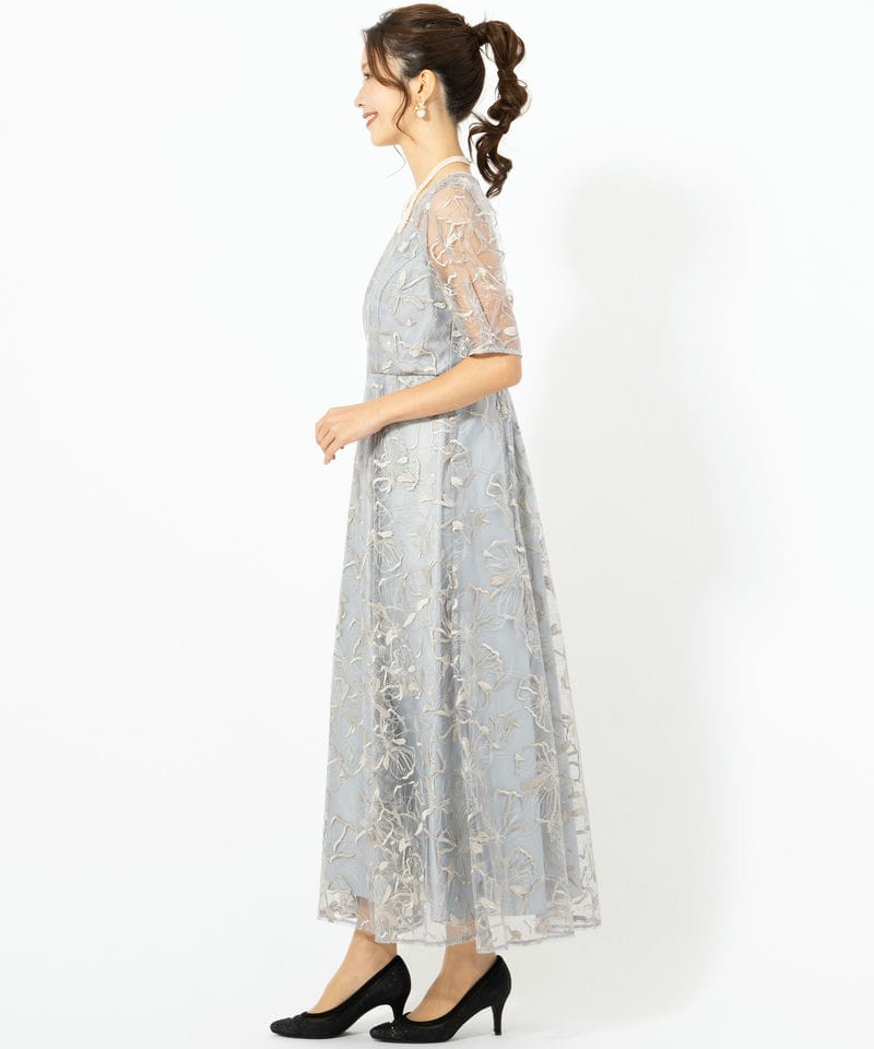 Aimer エメ ビオラモチーフスパンコール刺繍バックシャンドレス ブルー